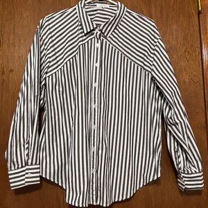Classic Charcoal Gray and White Striped Womens Long Sleeve Button Up Shirt